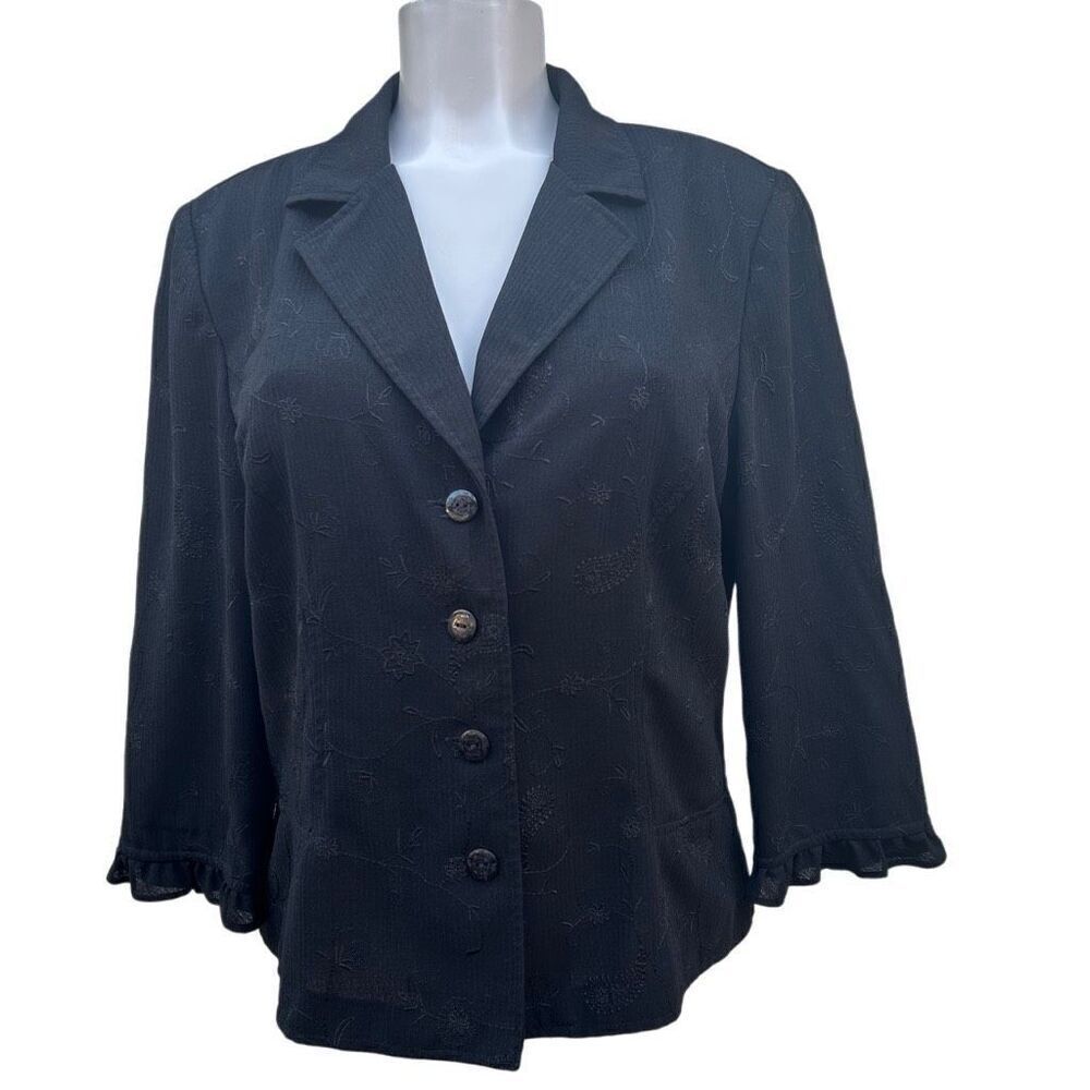 Sag Harbor Dress Evening Jacket Size 12 Black Embroidered Ruffle 3/4 Sleeve